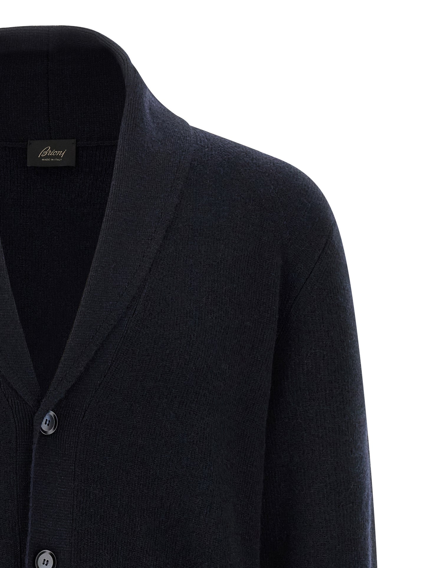 Cardigan by Brioni for men in cashmere blue showcases a captivating silhouette, artfully detailed with a captivating and shawl-collar neckline for a truly sophisticated captivating look.