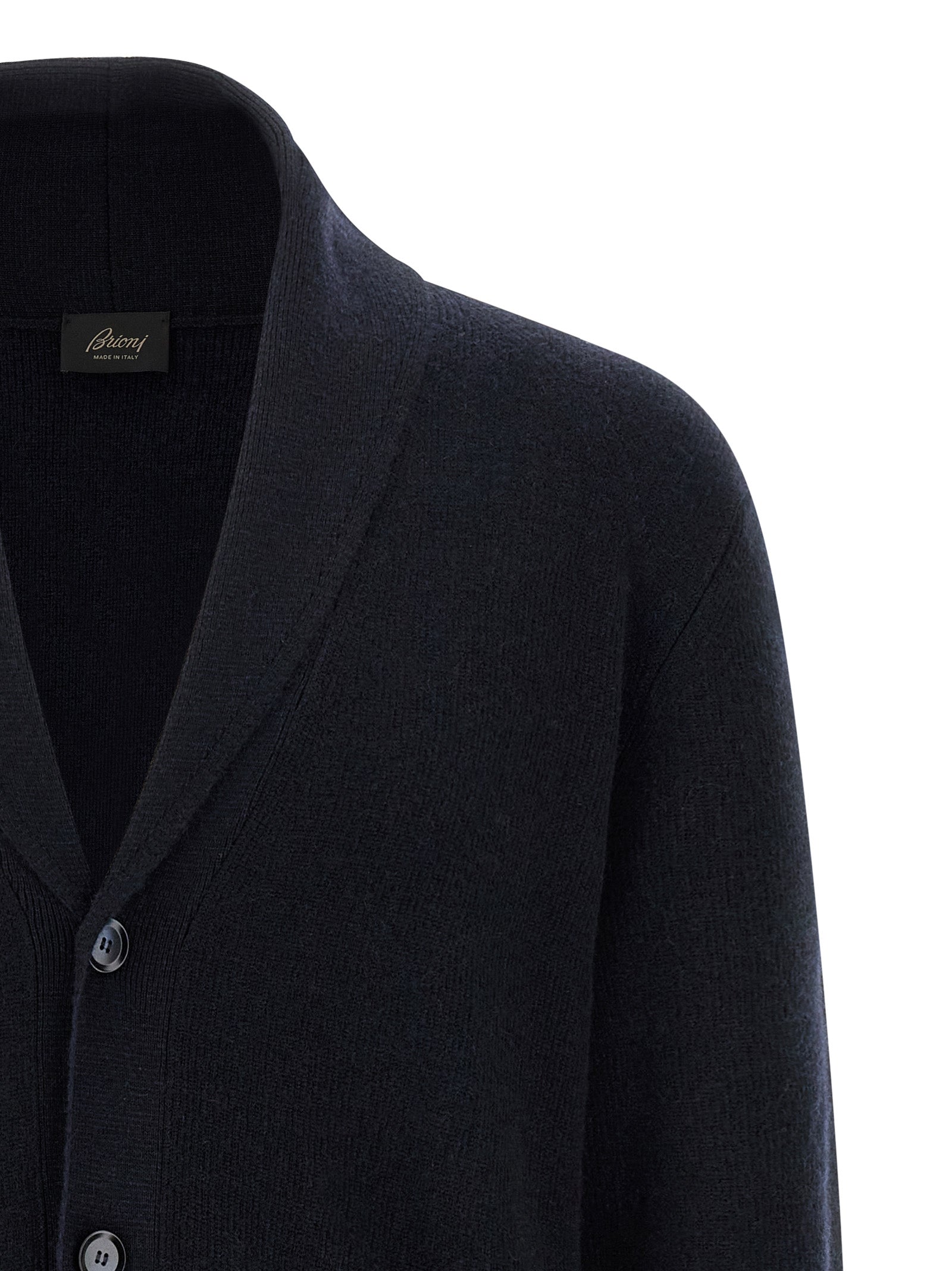 Cardigan by Brioni for men in cashmere blue showcases a captivating silhouette, artfully detailed with a captivating and shawl-collar neckline for a truly sophisticated captivating look.