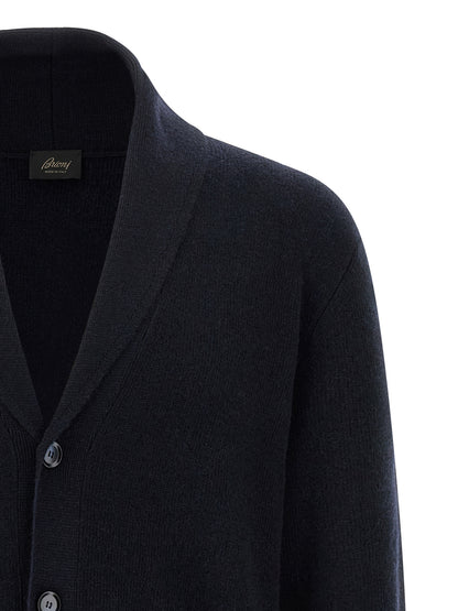 Cardigan by Brioni for men in cashmere blue showcases a captivating silhouette, artfully detailed with a captivating and shawl-collar neckline for a truly sophisticated captivating look.