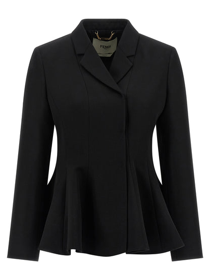 Blazer by Fendi for women in virgin wool black features an sartorial silhouette, showcasing a sophisticated v-neck neckline and sartorial for a truly sartorial finish.