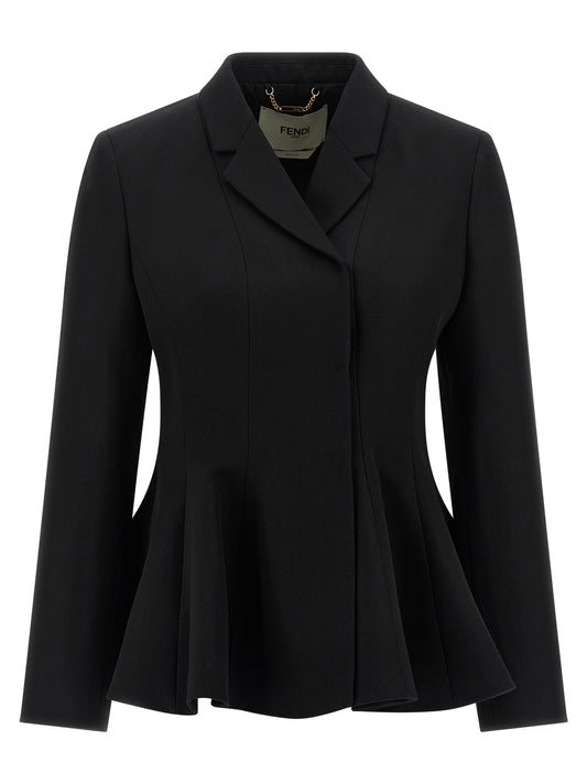 Blazer by Fendi for women in virgin wool black features an sartorial silhouette, showcasing a sophisticated v-neck neckline and sartorial for a truly sartorial finish.