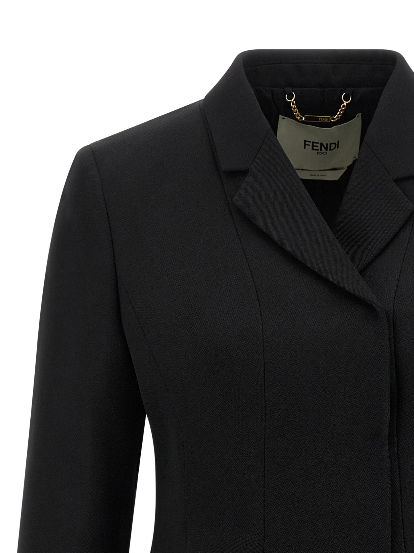 Blazer by Fendi for women in virgin wool black features an crisp silhouette with sophisticated and a crisp v-neck neckline for a truly crisp finish.