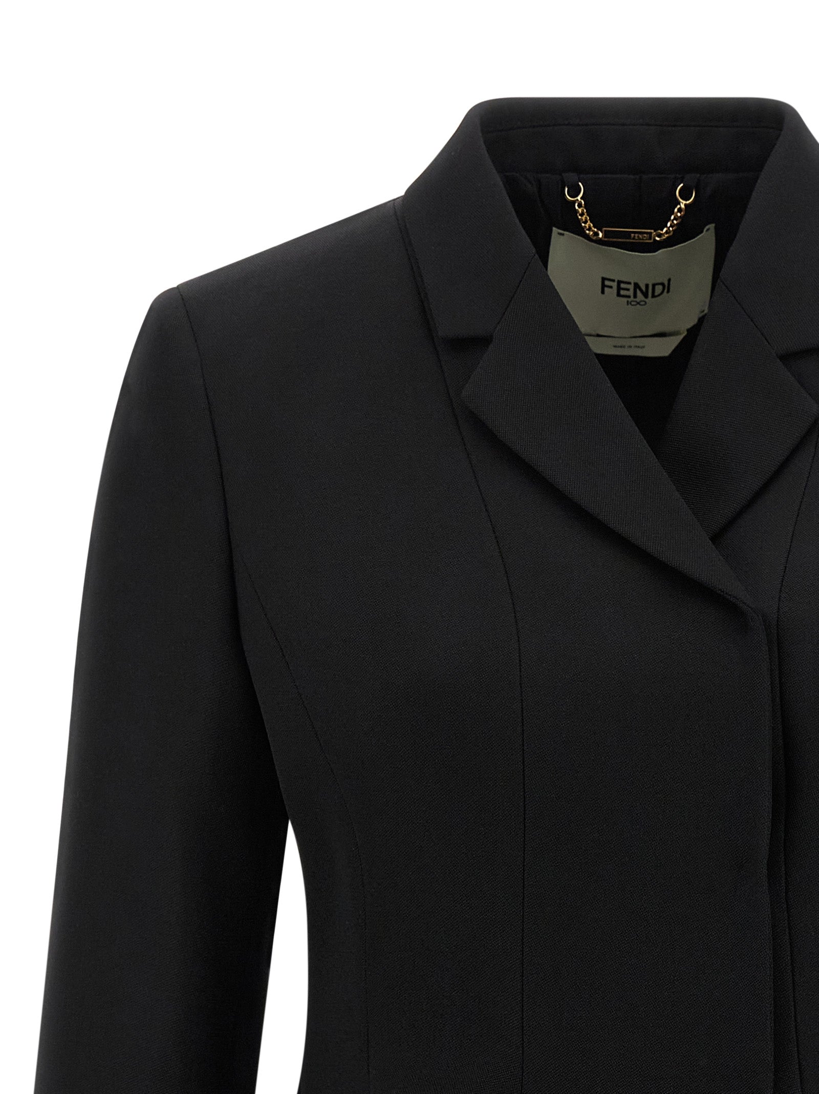 Blazer by Fendi for women in virgin wool black features an crisp silhouette with sophisticated and a crisp v-neck neckline for a truly crisp finish.