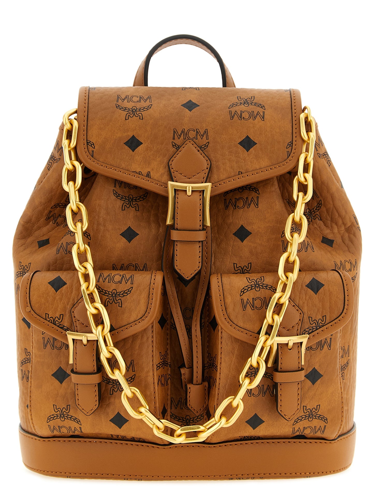 Medium Drawstring Backpack by MCM for women in polyester polyethylene polyurethane leather brown, gold & monogram features a utilitarian chic Aren Visetos Polyester Polyethylene Polyurethane Leather Medium Drawstring Backpack design with a secure flap & drawstring, ample , and versatile shoulder-strap, backpack-strap & adjustable-strap for a utilitarian chic finish.