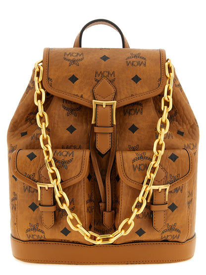 Medium Drawstring Backpack by MCM for women in polyester polyethylene polyurethane leather brown, gold & monogram features a utilitarian chic Aren Visetos Polyester Polyethylene Polyurethane Leather Medium Drawstring Backpack design with a secure flap & drawstring, ample , and versatile shoulder-strap, backpack-strap & adjustable-strap for a utilitarian chic finish.