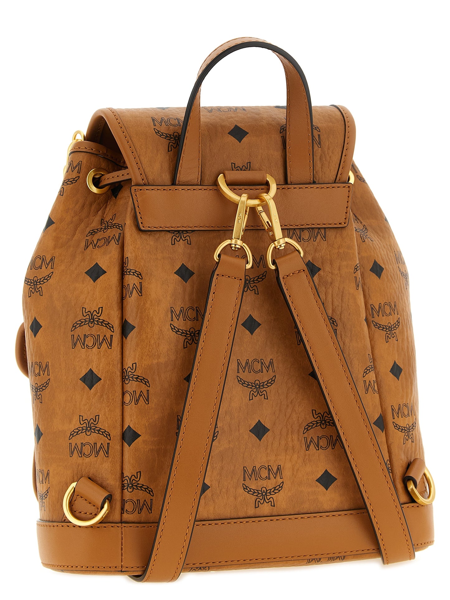 Medium Drawstring Backpack by MCM for women in polyester polyethylene polyurethane leather brown, gold & monogram features a fashionable silhouette, showcasing the Aren Visetos Polyester Polyethylene Polyurethane Leather Medium Drawstring Backpack design with a secure flap & drawstring, ample , and versatile shoulder-strap, backpack-strap & adjustable-strap.