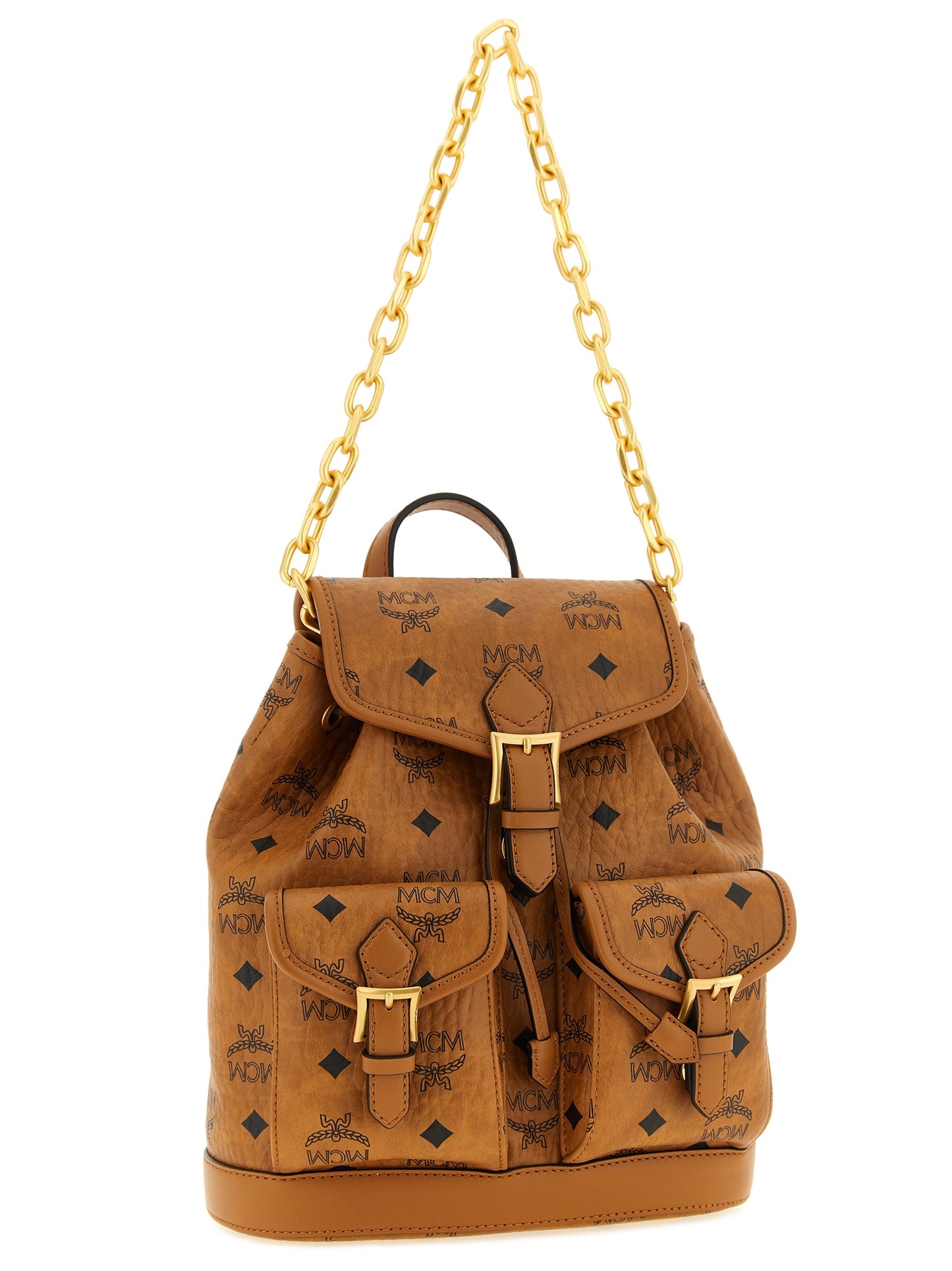 Medium Drawstring Backpack by MCM for women in polyester polyethylene polyurethane leather brown, gold & monogram features an ultra-portable silhouette from the Aren Visetos Polyester Polyethylene Polyurethane Leather Medium Drawstring Backpack range, with a secure flap & drawstring, ample , and versatile shoulder-strap, backpack-strap & adjustable-strap.