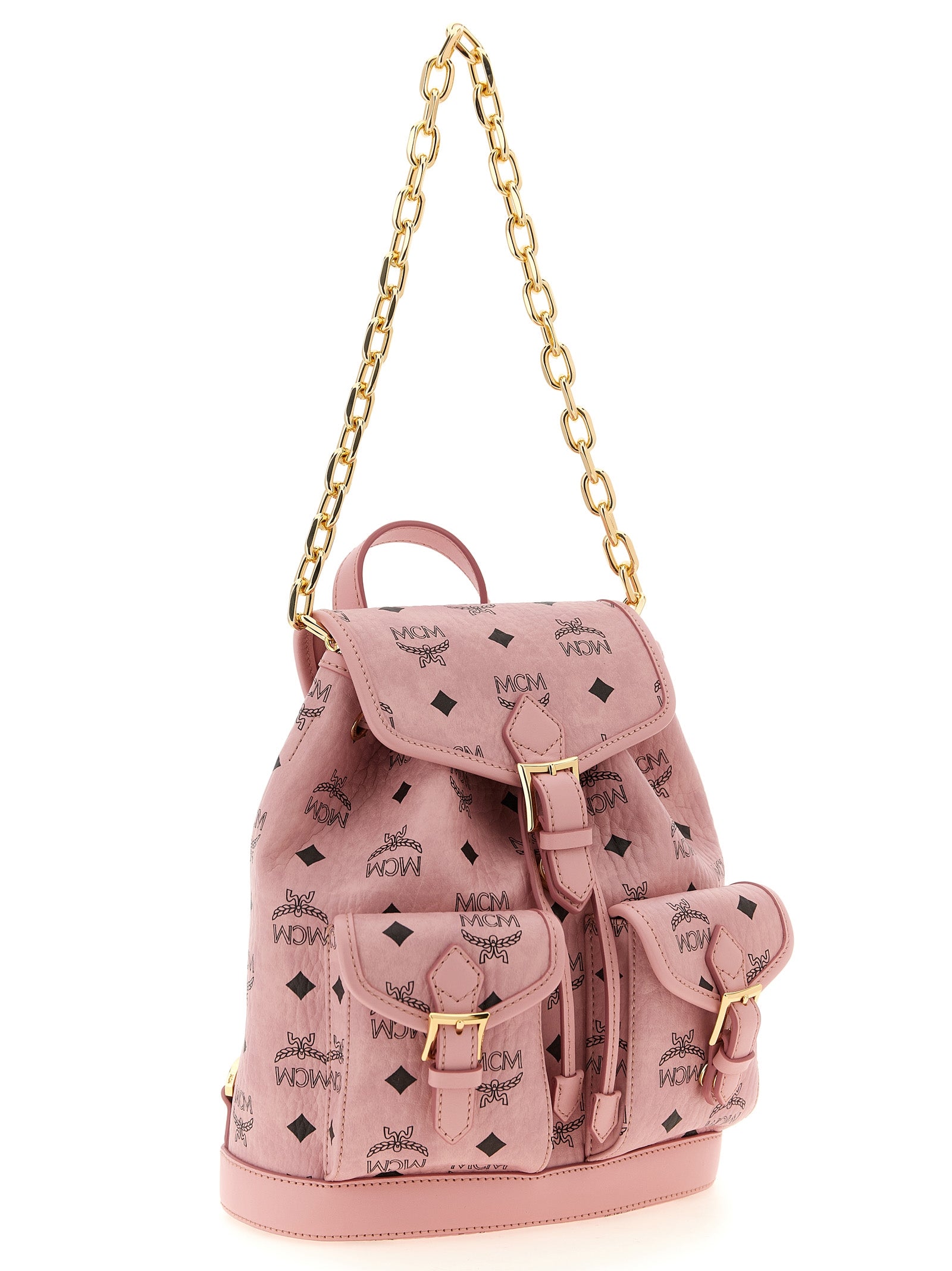Mini Backpack by MCM for women in suede polyester polyethylene polyurethane leather gold, multicolor, pink & monogram showcases an architectural Aren Visetos Suede Polyester Polyethylene Polyurethane Leather Mini Backpack design, featuring a secure , ample , and architectural backpack-strap & adjustable-strap for a sophisticated look.