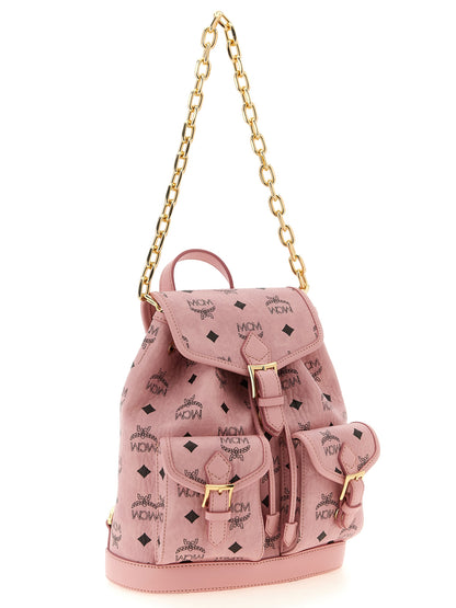 Mini Backpack by MCM for women in suede polyester polyethylene polyurethane leather gold, multicolor, pink & monogram showcases an architectural Aren Visetos Suede Polyester Polyethylene Polyurethane Leather Mini Backpack design, featuring a secure , ample , and architectural backpack-strap & adjustable-strap for a sophisticated look.