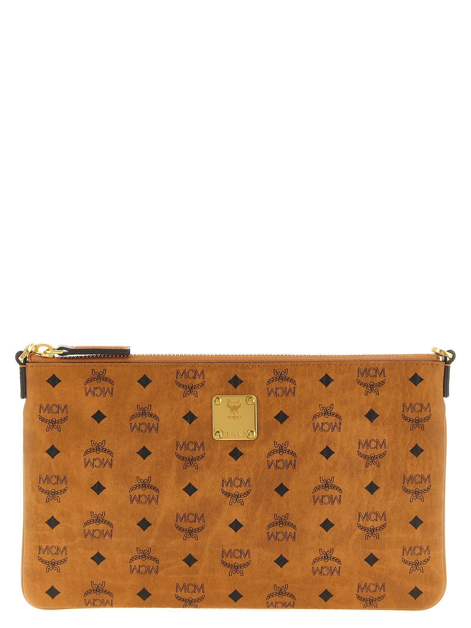 Mini Clutch Handbag by MCM for women in polyester polyethylene polyurethane leather brown, gold & monogram showcases a sculptural silhouette, featuring a secure zipper, ample , and versatile shoulder-strap & adjustable-strap for a sculptural aesthetic.