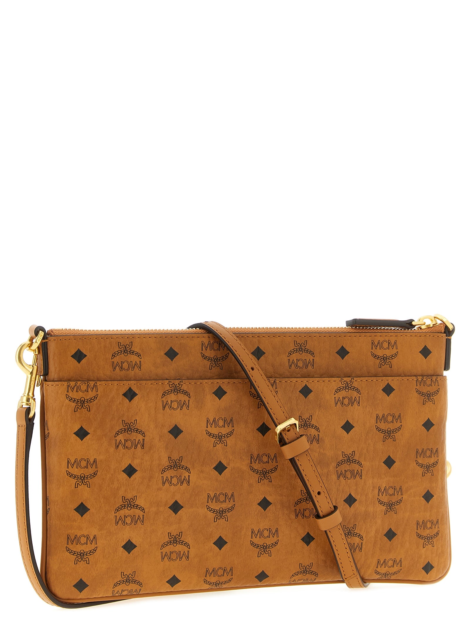 Mini Clutch Handbag by MCM for women in polyester polyethylene polyurethane leather brown, gold & monogram features an sculptural silhouette, showcasing a secure zipper and sculptural with versatile shoulder-strap & adjustable-strap for a sophisticated look.