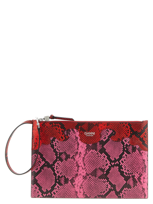 Pouch Clutch Handbag by Ganni for women in polyester & polyurethane fuchsia & print showcases a sculptural silhouette, featuring a secure snap, zipper & hook, ample , and versatile for a sculptural finish.
