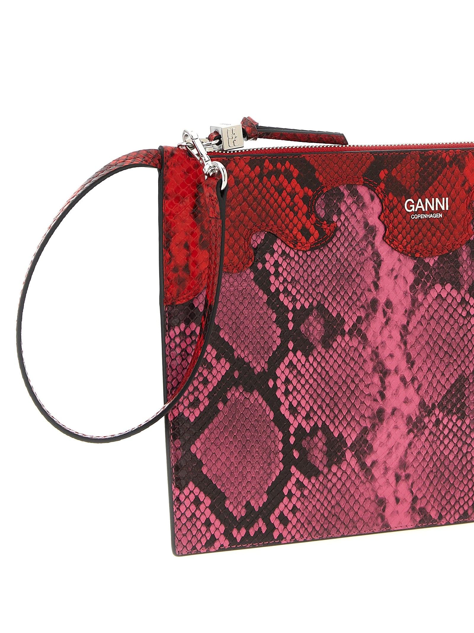 Pouch Clutch Handbag by Ganni for women in polyester & polyurethane fuchsia & print features a sculptural silhouette with a secure snap, zipper & hook, organized , and versatile for a sculptural finish.