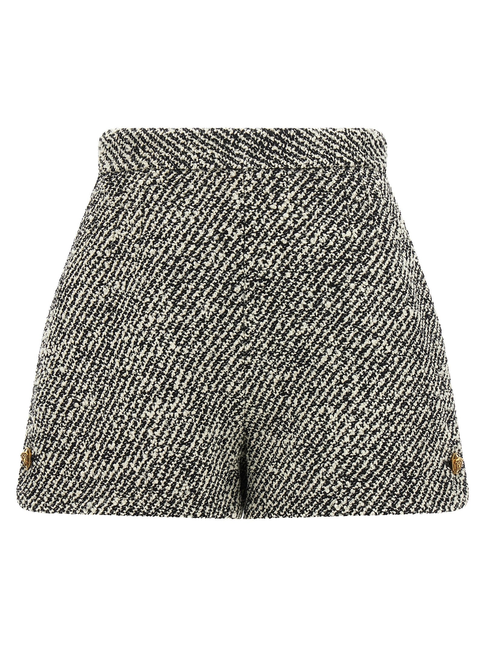 Bermuda Shorts by Versace for women in virgin wool & nylon bicolour, black, gold, white, patterned & signature presents a sleek silhouette, featuring a sleek with a refined short and a sophisticated high rise.