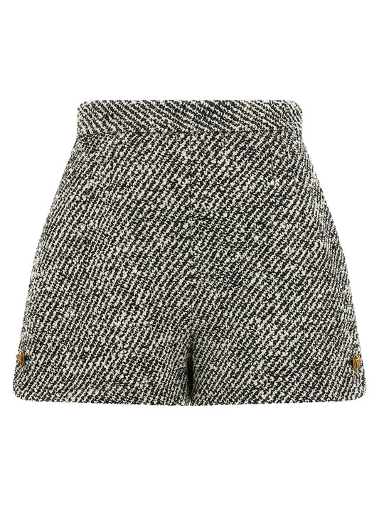 Bermuda Shorts by Versace for women in virgin wool & nylon bicolour, black, gold, white, patterned & signature presents a sleek silhouette, featuring a sleek with a refined short and a sophisticated high rise.