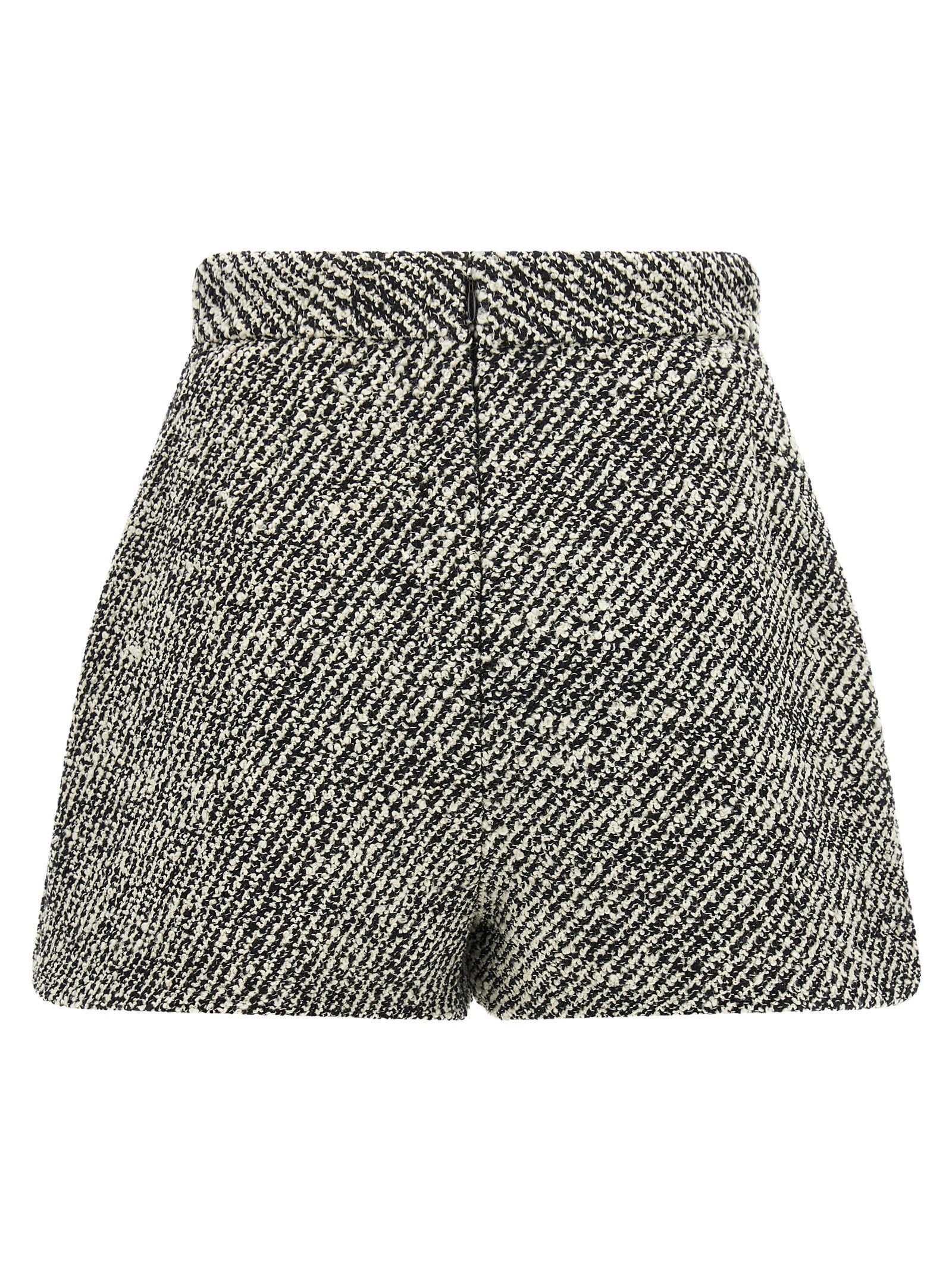 Bermuda Shorts by Versace for women in virgin wool & nylon bicolour, black, gold, white, patterned & signature features an tailored silhouette, showcasing a tailored with a short and high rise for a sophisticated look.