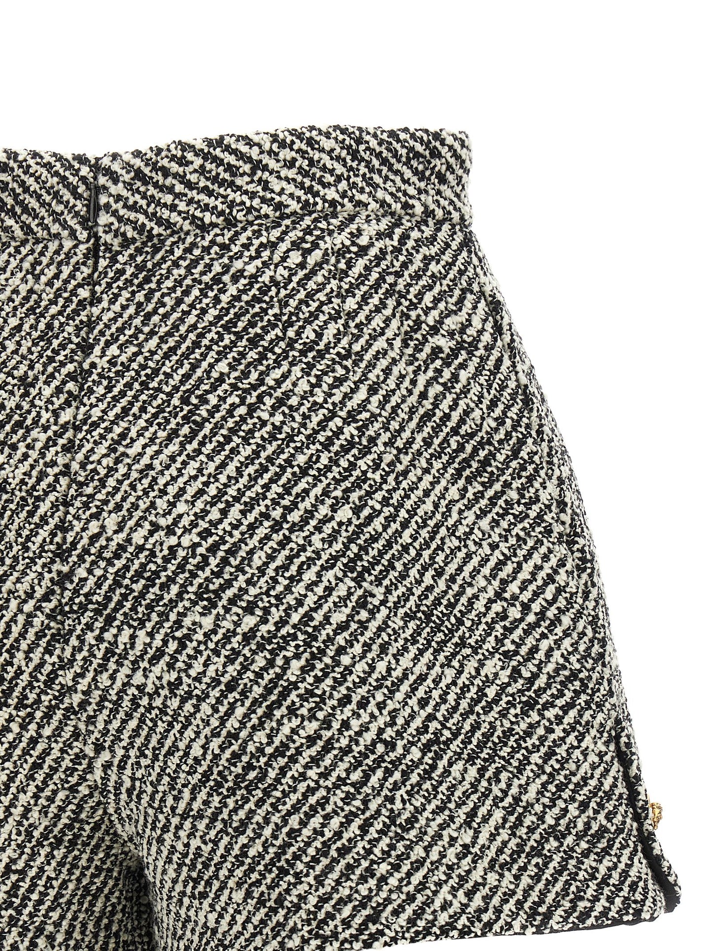Bermuda Shorts by Versace for women in virgin wool & nylon bicolour, black, gold, white, patterned & signature features a sartorial silhouette, showcasing a sartorial and short with a sophisticated high rise for a sartorial look.