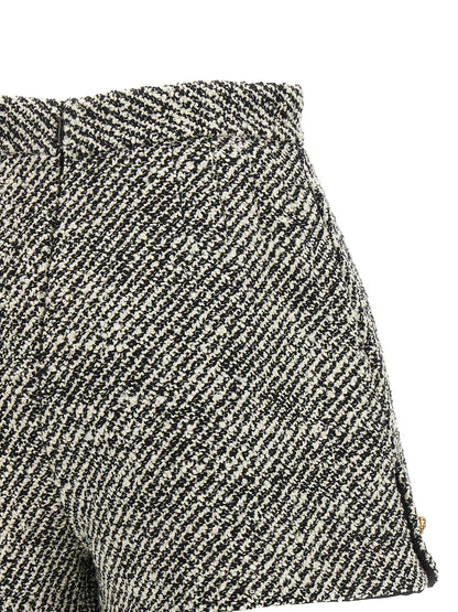 Bermuda Shorts by Versace for women in virgin wool & nylon bicolour, black, gold, white, patterned & signature features a sartorial silhouette, showcasing a sartorial and short with a sophisticated high rise for a sartorial look.