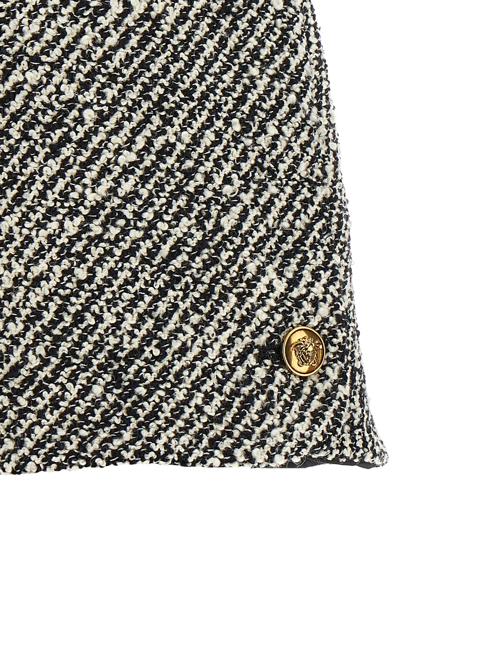 Bermuda Shorts by Versace for women in virgin wool & nylon bicolour, black, gold, white, patterned & signature features a eye catching and short with a eye catching high rise.