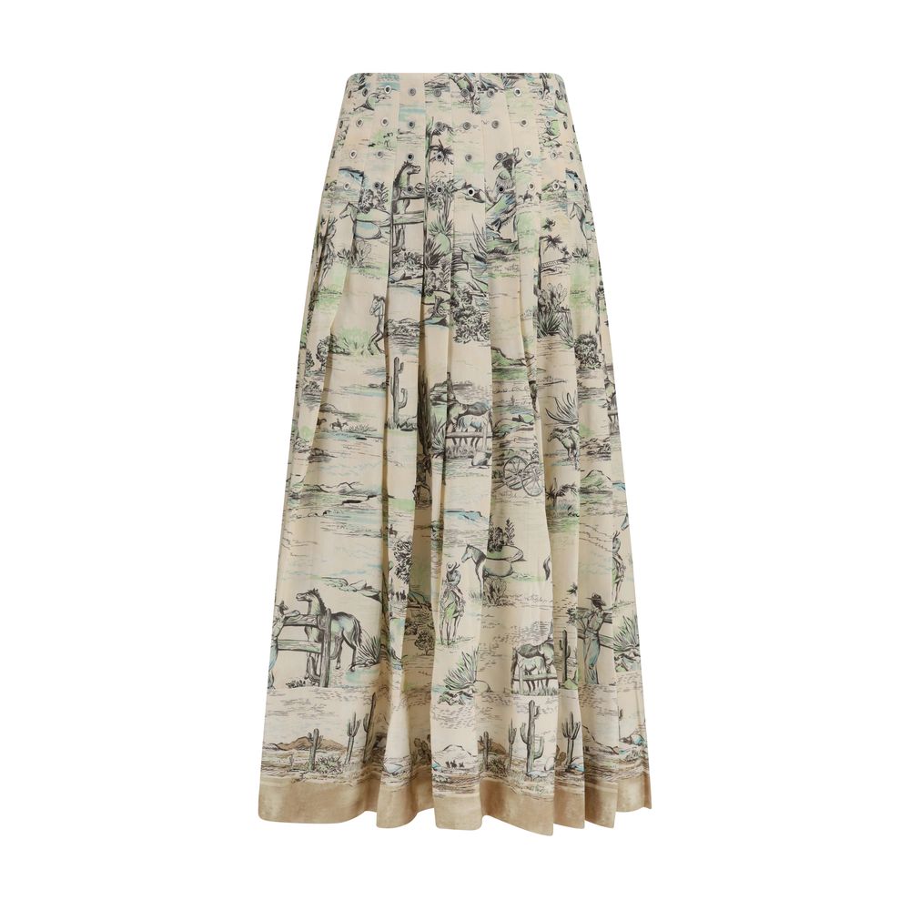 Skirt by Alemais for women in linen & viscose beige & print features a sublime silhouette, showcasing the sublime design of the Women's Pleated Linen & Viscose Midi Skirt in a sophisticated midi.