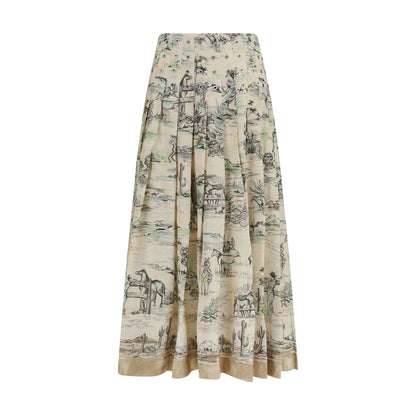 Skirt by Alemais for women in linen & viscose beige & print features a sublime silhouette, showcasing the sublime design of the Women's Pleated Linen & Viscose Midi Skirt in a sophisticated midi.
