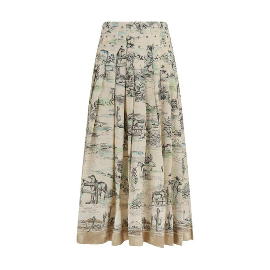 Skirt by Alemais for women in linen & viscose beige & print features a sublime silhouette, showcasing the sublime design of the Women's Pleated Linen & Viscose Midi Skirt in a sophisticated midi.