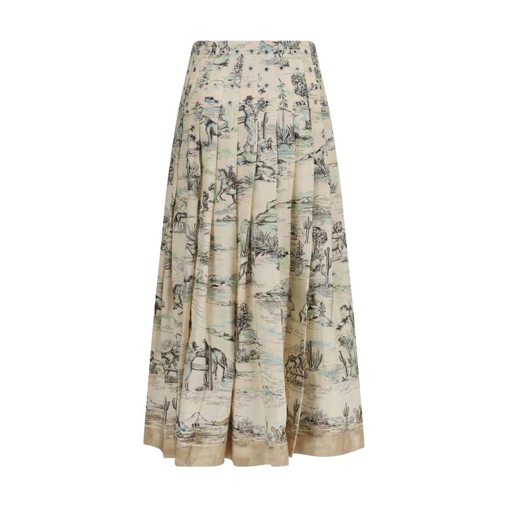 Skirt by Alemais for women in linen & viscose beige & print features an relaxed-yet-refined silhouette that elegantly showcases the Women's Pleated Linen & Viscose Midi Skirt design and sophisticated midi.