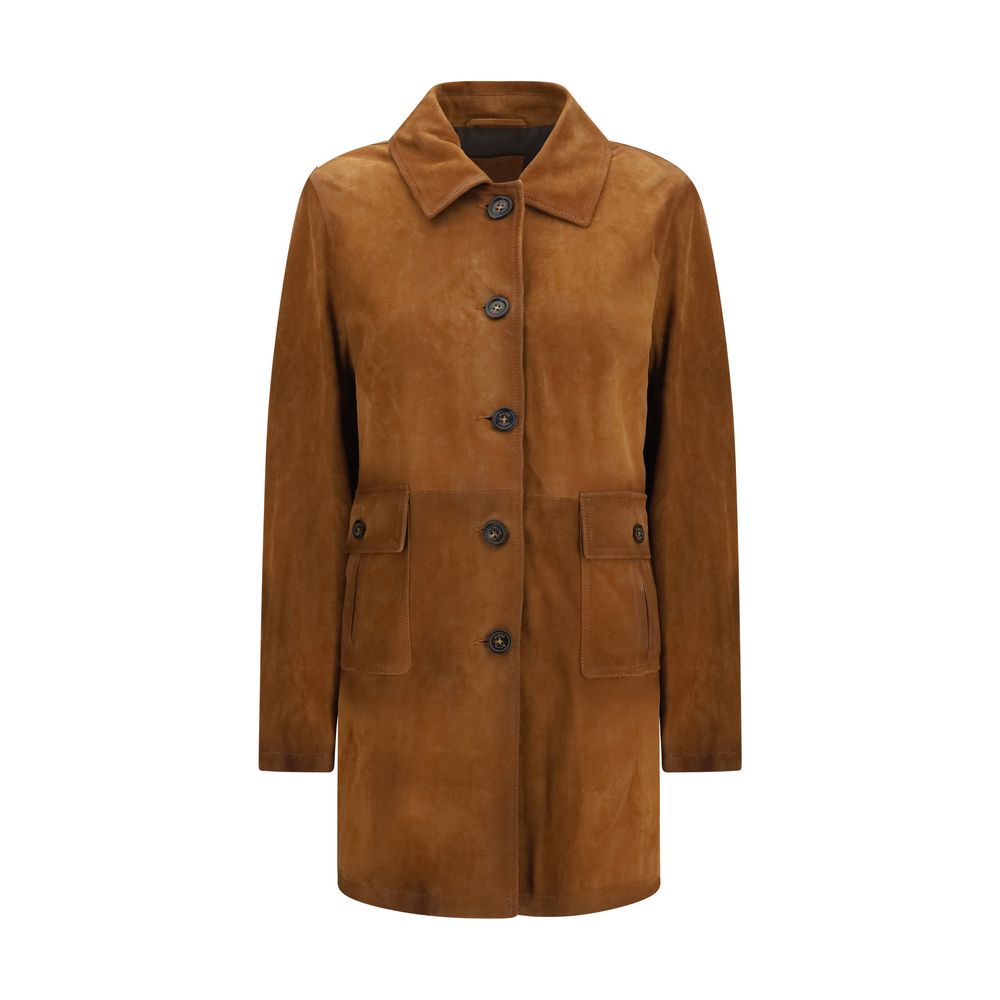 Overcoat by Valstar for women in bos taurus calf suede leather brown presents a luxurious silhouette, showcasing a luxurious and sophisticated pockets for a premium, luxurious look.