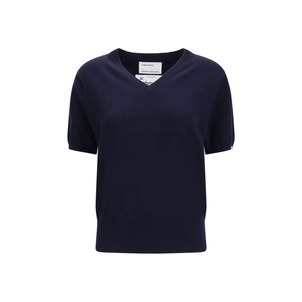 Sweater by Extreme Cashmere for women in nylon cashmere & capra leather blue features an polished silhouette, showcasing refined short-sleeve and a sophisticated v-neck neckline for a truly polished finish.