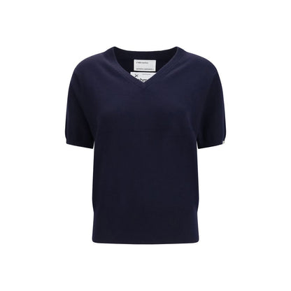 Sweater by Extreme Cashmere for women in nylon cashmere & capra leather blue features an polished silhouette, showcasing refined short-sleeve and a sophisticated v-neck neckline for a truly polished finish.