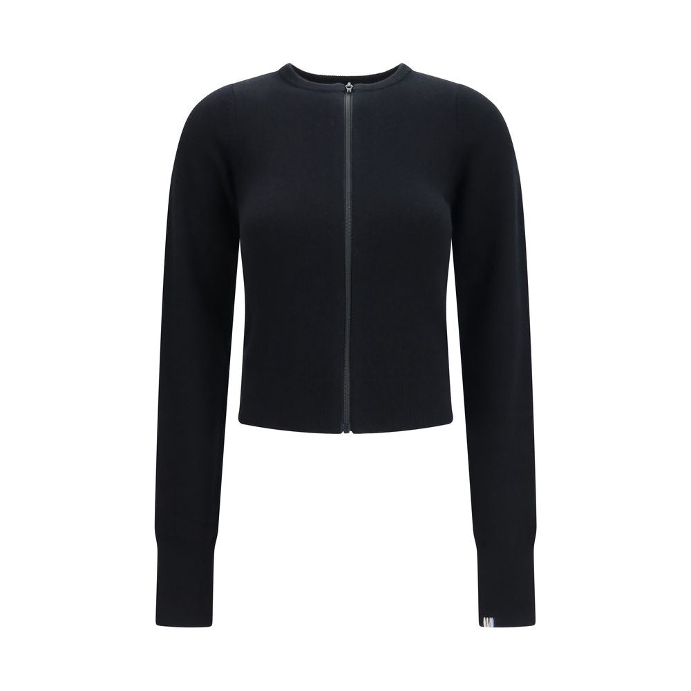 Cardigan by Extreme Cashmere for women in nylon cashmere & capra leather black features a dramatic silhouette, showcasing a sophisticated crew neckline and dramatic long-sleeve detail for a timeless, premium look.