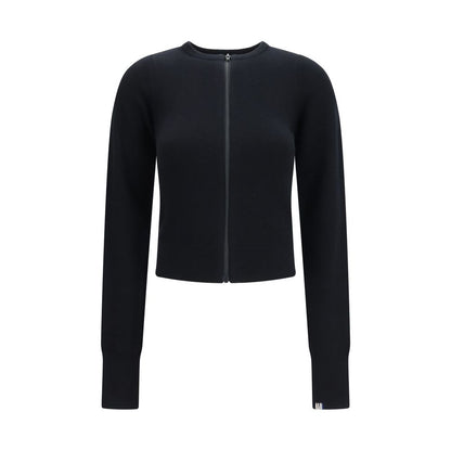 Cardigan by Extreme Cashmere for women in nylon cashmere & capra leather black features a dramatic silhouette, showcasing a sophisticated crew neckline and dramatic long-sleeve detail for a timeless, premium look.