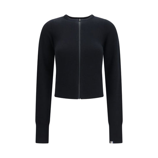 Cardigan by Extreme Cashmere for women in nylon cashmere & capra leather black features a dramatic silhouette, showcasing a sophisticated crew neckline and dramatic long-sleeve detail for a timeless, premium look.