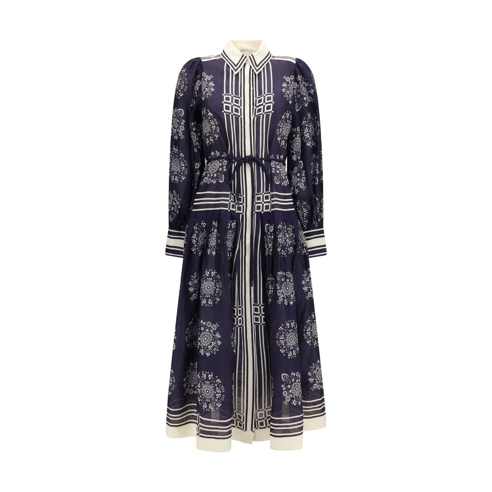 Dress by Alemais for women in ramie blue, patterned, floral, print & striped features an magnificent silhouette, artfully detailed with a magnificent point-collar neckline and long-sleeve that flows into an magnificent midi.