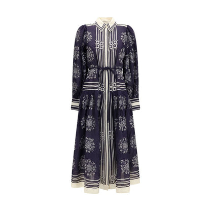Dress by Alemais for women in ramie blue, patterned, floral, print & striped features an magnificent silhouette, artfully detailed with a magnificent point-collar neckline and long-sleeve that flows into an magnificent midi.