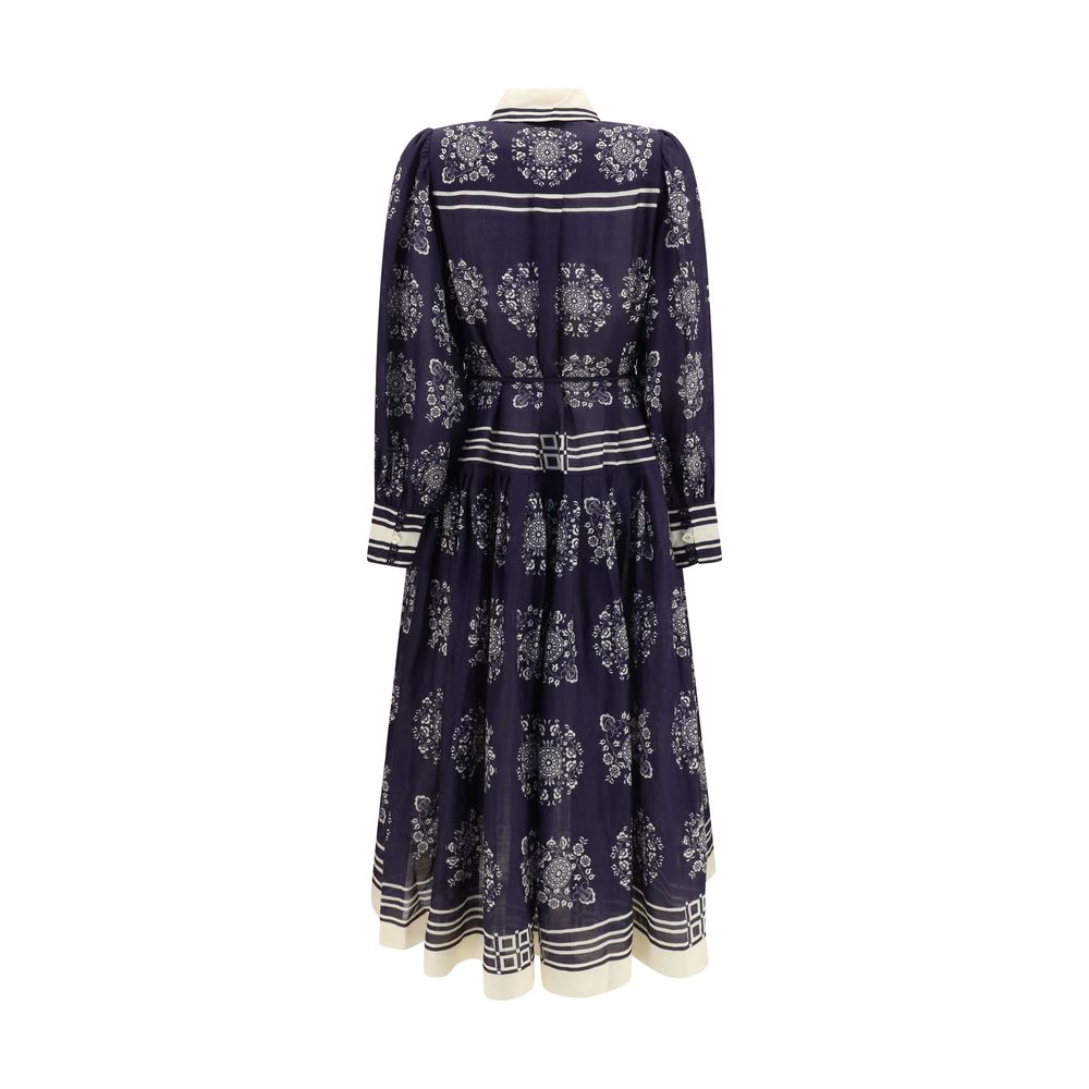Dress by Alemais for women in ramie blue, patterned, floral, print & striped showcases a striking silhouette, elegantly detailed with a , refined point-collar neckline, and a striking midi for a striking finish.