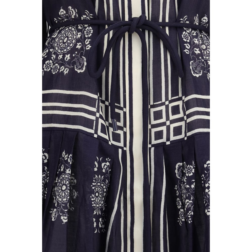 Dress by Alemais for women in ramie blue, patterned, floral, print & striped features an cute silhouette, detailed with a and that elegantly flows into a cute midi.