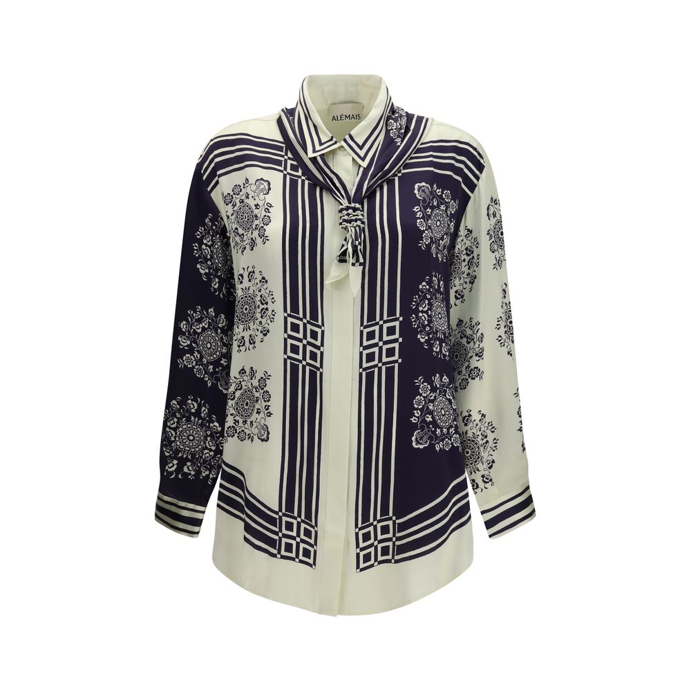 Shirt by Alemais for women in silk satin blue, floral, print & striped presents a discerning silhouette, showcasing a sophisticated and long-sleeve for a truly discerning finish.