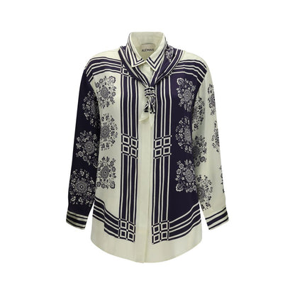 Shirt by Alemais for women in silk satin blue, floral, print & striped presents a discerning silhouette, showcasing a sophisticated and long-sleeve for a truly discerning finish.