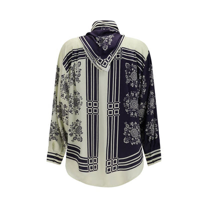 Shirt by Alemais for women in silk satin blue, floral, print & striped showcases a sleek silhouette, elegantly detailed with a sleek and for a sleek finish.