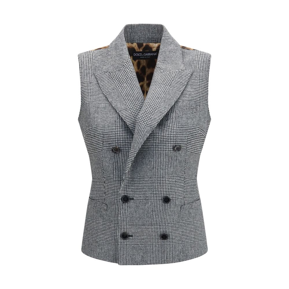 Vest by Dolce & Gabbana for women in polyester capra leather & wool gray & patterned features a stylish silhouette, showcasing distinct pockets and a refined double-breasted neckline for a truly stylish finish.