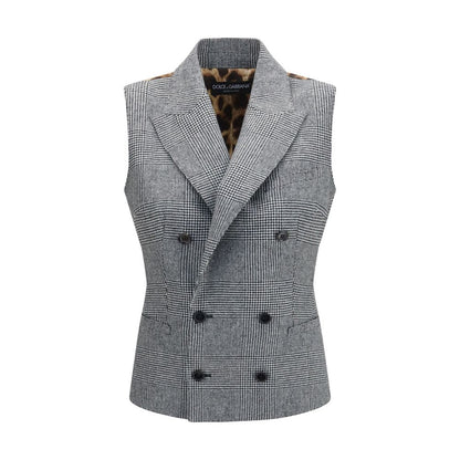 Vest by Dolce & Gabbana for women in polyester capra leather & wool gray & patterned features a stylish silhouette, showcasing distinct pockets and a refined double-breasted neckline for a truly stylish finish.