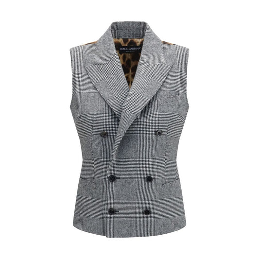Vest by Dolce & Gabbana for women in polyester capra leather & wool gray & patterned features a stylish silhouette, showcasing distinct pockets and a refined double-breasted neckline for a truly stylish finish.