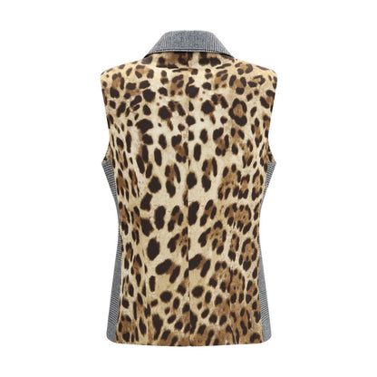 Vest by Dolce & Gabbana for women in polyester capra leather & wool gray & patterned showcases a utilitarian silhouette, artfully incorporating pockets and a utilitarian double-breasted neckline for a truly utilitarian finish.