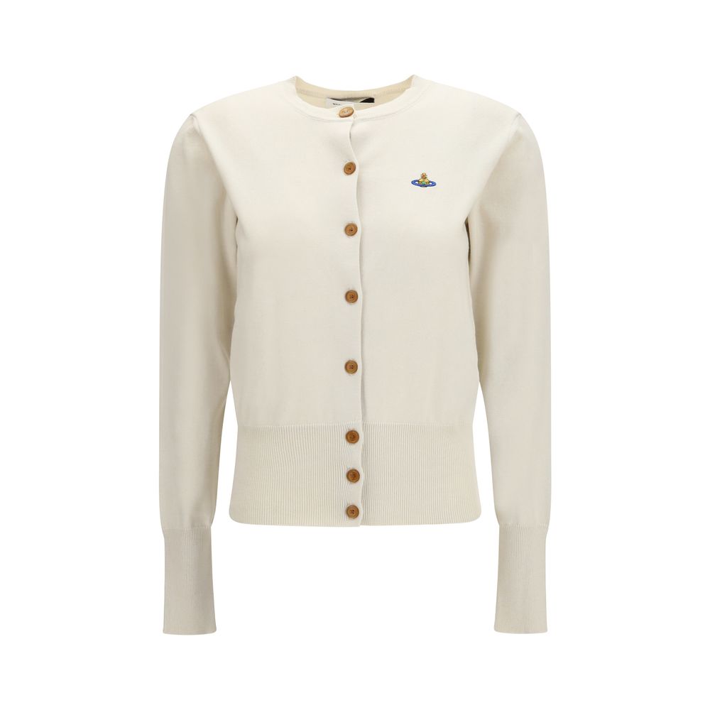Cardigan by Vivienne Westwood for women in capra leather & cotton white & signature showcases a captivating silhouette, artfully detailed with a captivating and round neckline for a truly sophisticated captivating look.