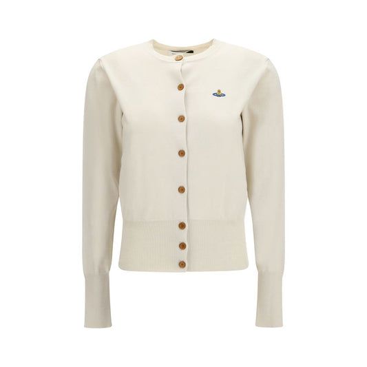 Cardigan by Vivienne Westwood for women in capra leather & cotton white & signature showcases a captivating silhouette, artfully detailed with a captivating and round neckline for a truly sophisticated captivating look.