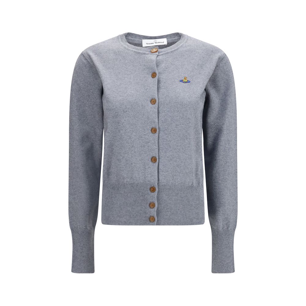 Cardigan by Vivienne Westwood for women in capra leather & cotton gray & signature features a dramatic silhouette, showcasing a sophisticated round neckline and dramatic detail for a timeless, premium look.