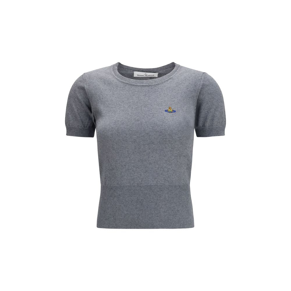 T-Shirt by Vivienne Westwood for women in cashmere cotton & capra leather gray showcases a unassuming silhouette, artfully detailed with a refined crew neckline and unassuming short-sleeve for a sophisticated, contemporary look.