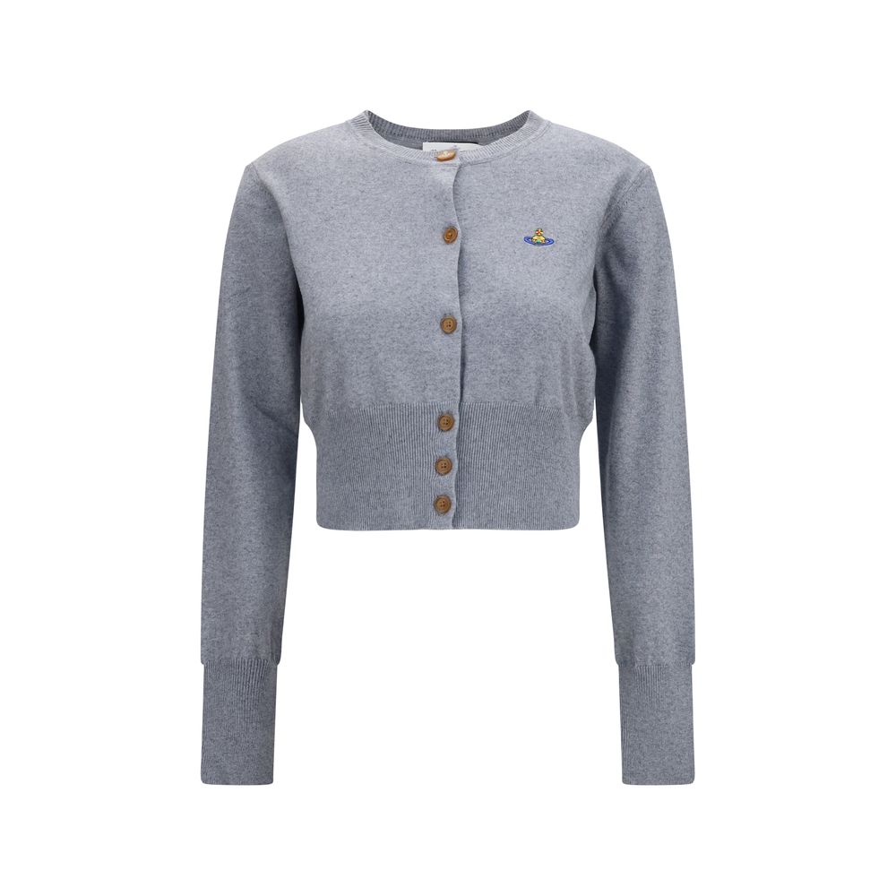 Cardigan by Vivienne Westwood for women in capra leather & cotton gray showcases a captivating silhouette, artfully detailed with a captivating long-sleeve and round neckline for a truly sophisticated captivating look.