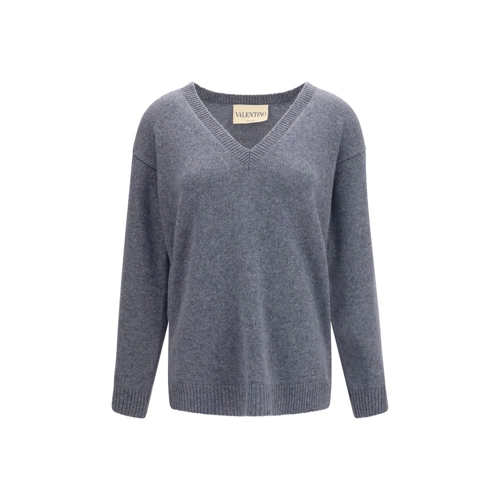 Sweater by Valentino Garavani for women in cashmere & capra leather gray features an polished silhouette, showcasing refined long-sleeve and a sophisticated v-neck neckline for a truly polished finish.